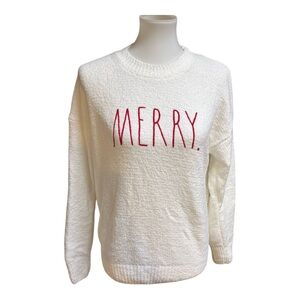 NWOT Rae Dunn White Sweater with Red 'Merry' Embroidery